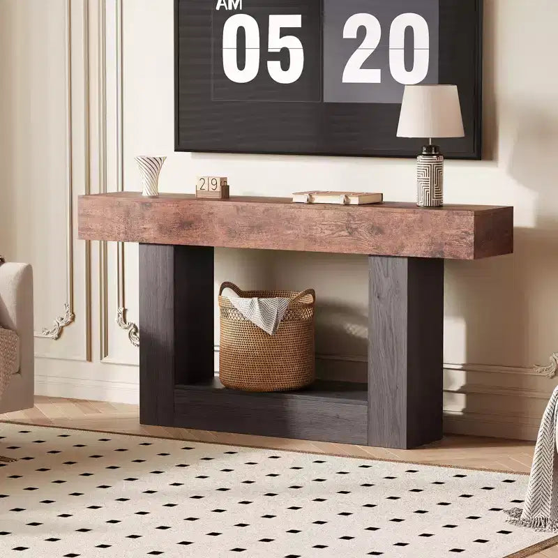 63 Narrow 2-Tier Console Table with Charging Station, Wooden Sofa Table for Entryway, Foyer, or Living Room, Behind Couch Storage