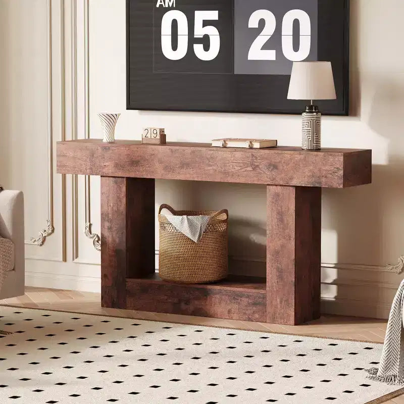 63 Narrow 2-Tier Console Table with Charging Station, Wooden Sofa Table for Entryway, Foyer, or Living Room, Behind Couch Storage