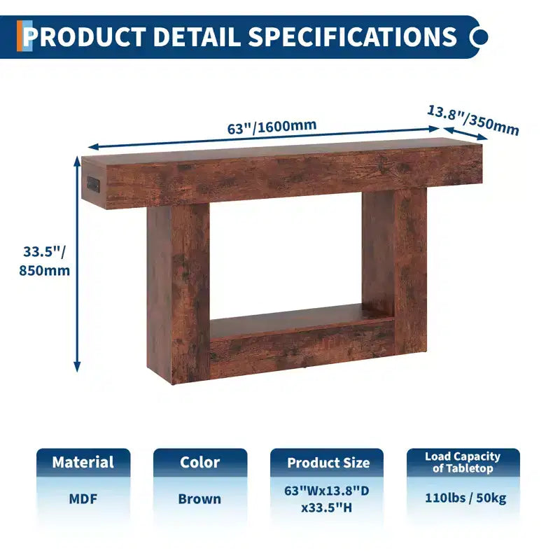 63 Narrow 2-Tier Console Table with Charging Station, Wooden Sofa Table for Entryway, Foyer, or Living Room, Behind Couch Storage
