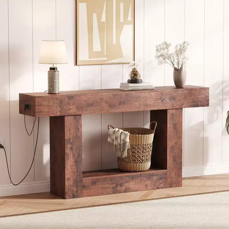 63 Narrow 2-Tier Console Table with Charging Station, Wooden Sofa Table for Entryway, Foyer, or Living Room, Behind Couch Storage