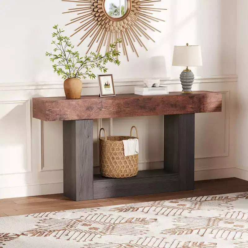 63 Narrow 2-Tier Console Table with Charging Station, Wooden Sofa Table for Entryway, Foyer, or Living Room, Behind Couch Storage