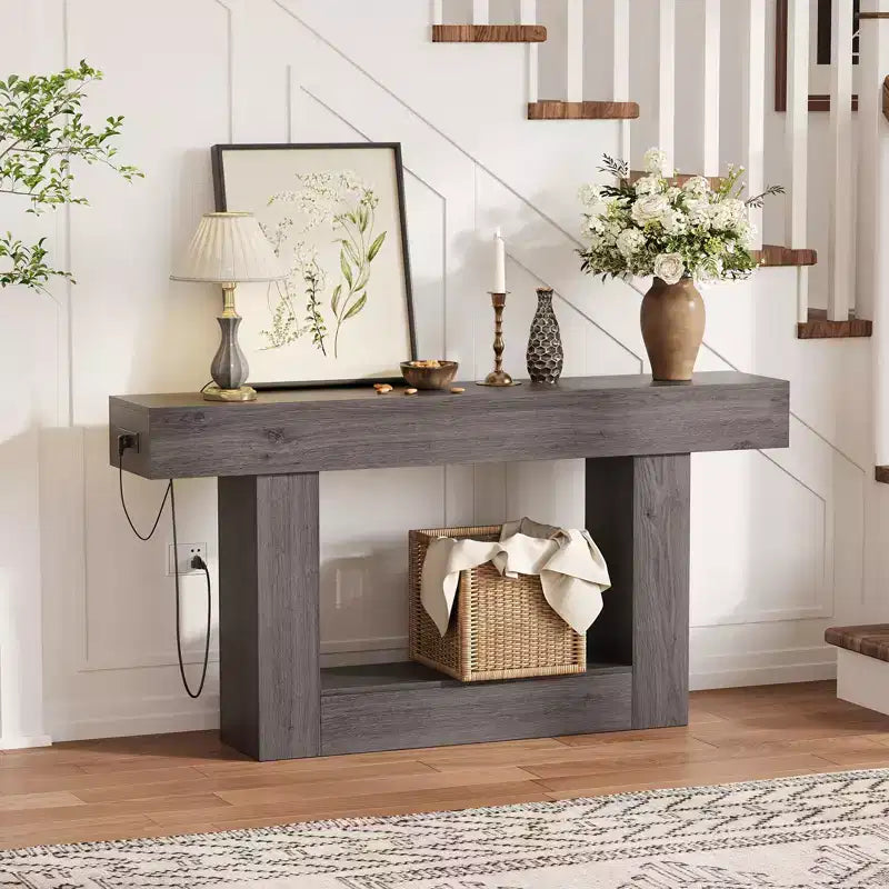 63 Narrow 2-Tier Console Table with Charging Station, Wooden Sofa Table for Entryway, Foyer, or Living Room, Behind Couch Storage