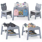 Costway 5-in-1 Kids' Table & Chair Set with Chalkboard, Whiteboard, 3 Storage Bins, 4 Hooks Gray + White/Natural + White + Orange