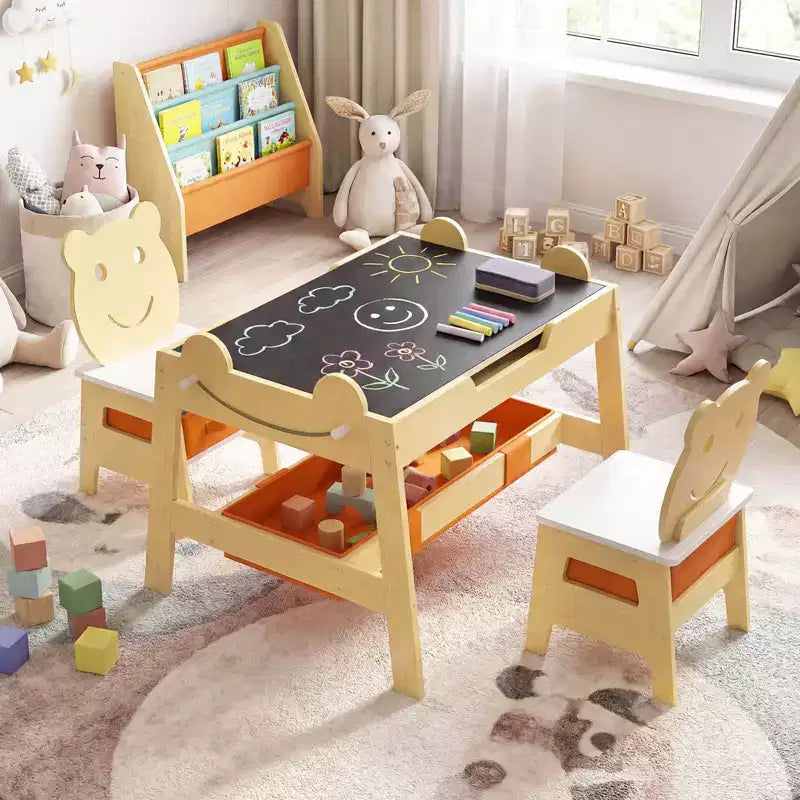 Costway 5-in-1 Kids' Table & Chair Set with Chalkboard, Whiteboard, 3 Storage Bins, 4 Hooks Gray + White/Natural + White + Orange