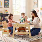 Costway 5-in-1 Kids' Table & Chair Set with Chalkboard, Whiteboard, 3 Storage Bins, 4 Hooks Gray + White/Natural + White + Orange
