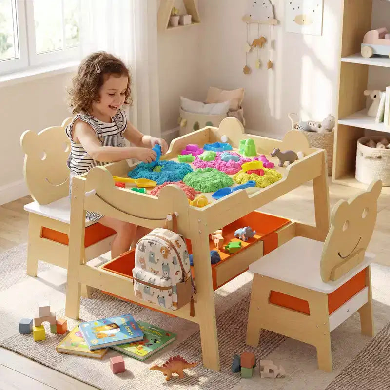 Costway 5-in-1 Kids' Table & Chair Set with Chalkboard, Whiteboard, 3 Storage Bins, 4 Hooks Gray + White/Natural + White + Orange