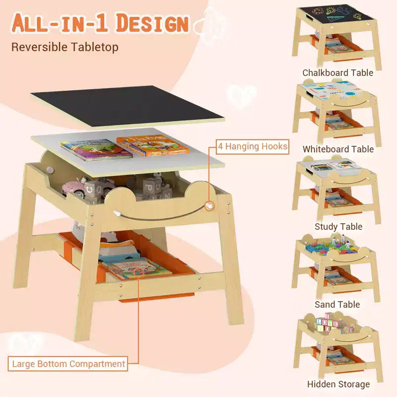 Costway 5-in-1 Kids' Table & Chair Set with Chalkboard, Whiteboard, 3 Storage Bins, 4 Hooks Gray + White/Natural + White + Orange