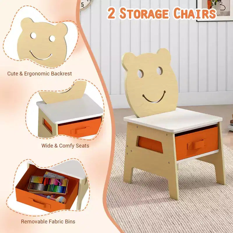 Costway 5-in-1 Kids' Table & Chair Set with Chalkboard, Whiteboard, 3 Storage Bins, 4 Hooks Gray + White/Natural + White + Orange