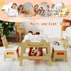 Costway 5-in-1 Kids' Table & Chair Set with Chalkboard, Whiteboard, 3 Storage Bins, 4 Hooks Gray + White/Natural + White + Orange