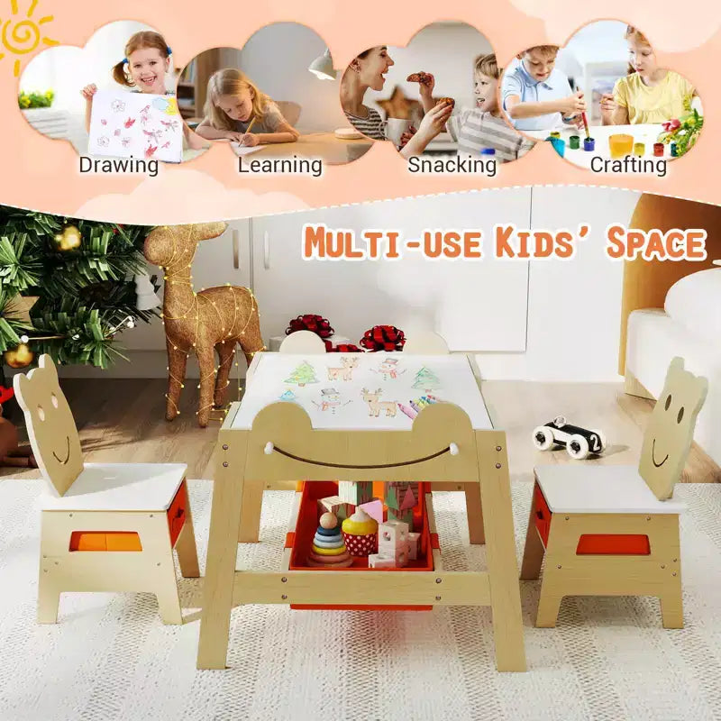 Costway 5-in-1 Kids' Table & Chair Set with Chalkboard, Whiteboard, 3 Storage Bins, 4 Hooks Gray + White/Natural + White + Orange