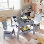 Costway 5-in-1 Kids' Table & Chair Set with Chalkboard, Whiteboard, 3 Storage Bins, 4 Hooks Gray + White/Natural + White + Orange