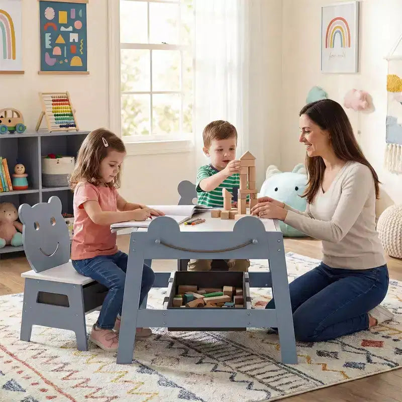 Costway 5-in-1 Kids' Table & Chair Set with Chalkboard, Whiteboard, 3 Storage Bins, 4 Hooks Gray + White/Natural + White + Orange