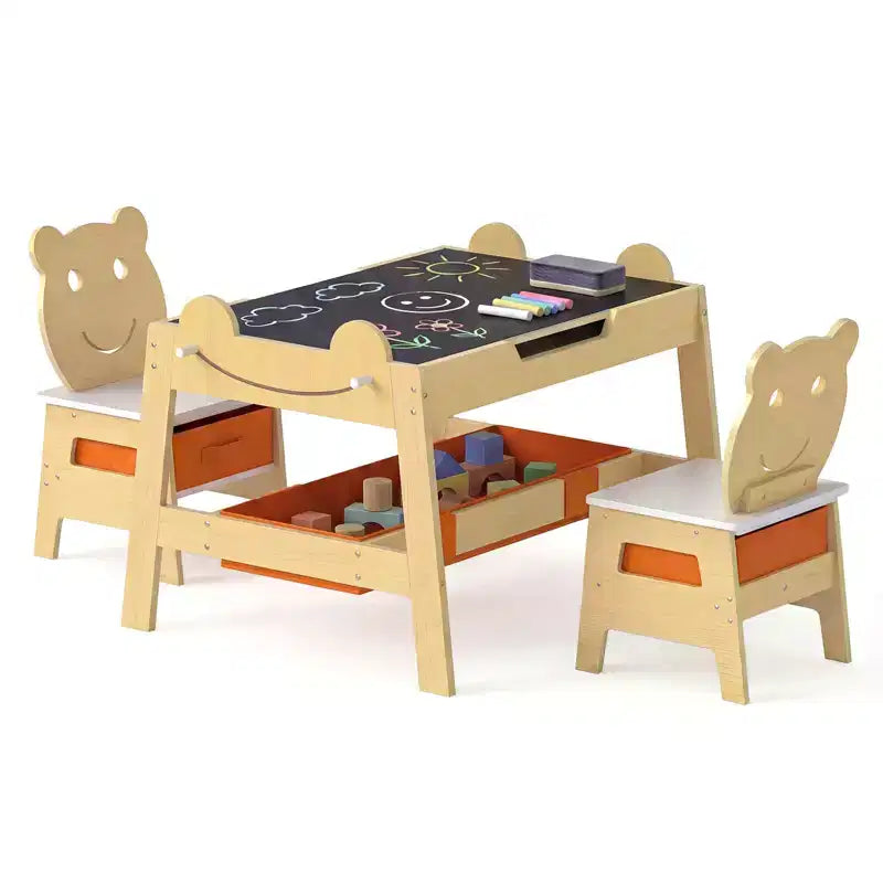 Costway 5-in-1 Kids' Table & Chair Set with Chalkboard, Whiteboard, 3 Storage Bins, 4 Hooks Gray + White/Natural + White + Orange