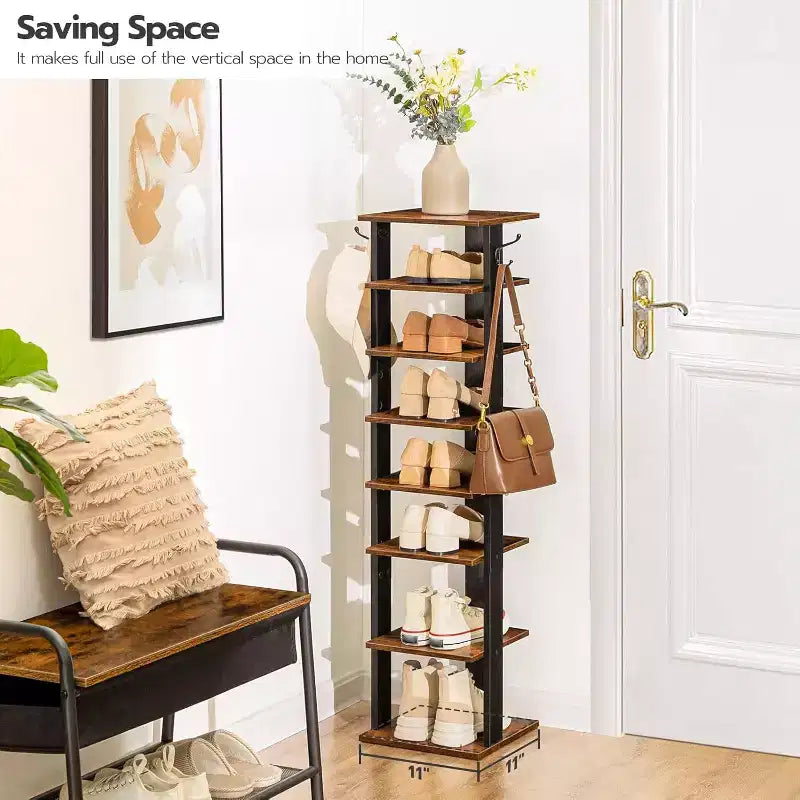 ACOINEL 8 Tiers Vertical Shoe Rack, Narrow Wooden Shoe Storage Organizer with Hooks, Space-Saving Shoe Tower Holds 8 Pairs