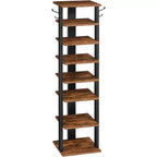 ACOINEL 8 Tiers Vertical Shoe Rack, Narrow Wooden Shoe Storage Organizer with Hooks, Space-Saving Shoe Tower Holds 8 Pairs