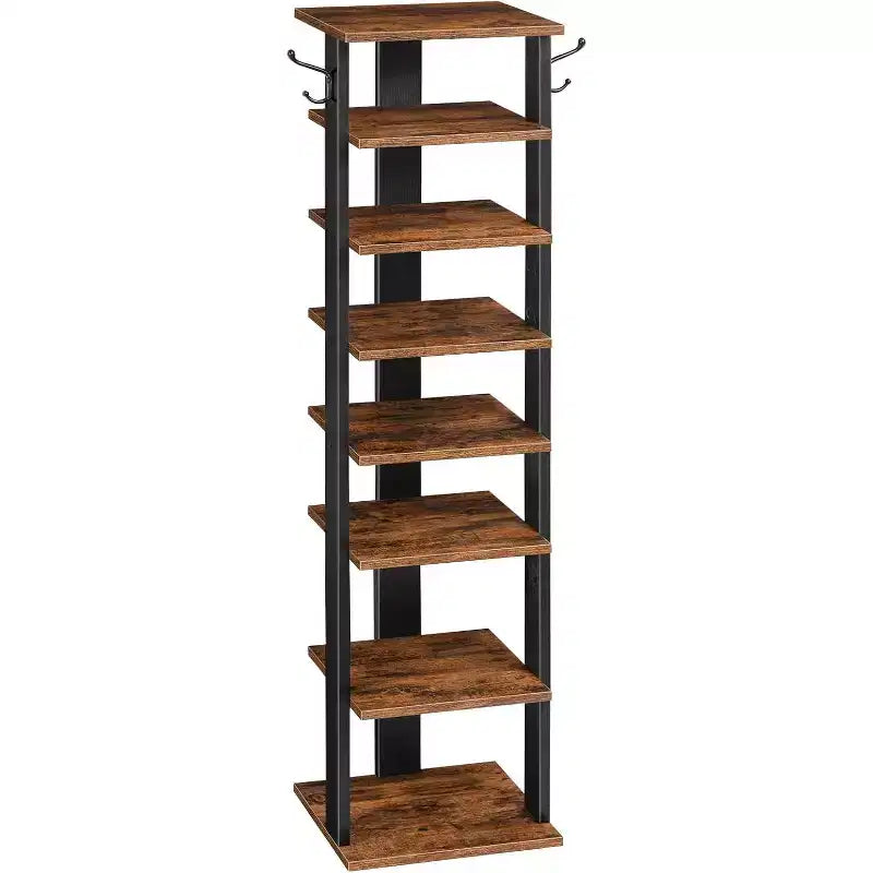 ACOINEL 8 Tiers Vertical Shoe Rack, Narrow Wooden Shoe Storage Organizer with Hooks, Space-Saving Shoe Tower Holds 8 Pairs
