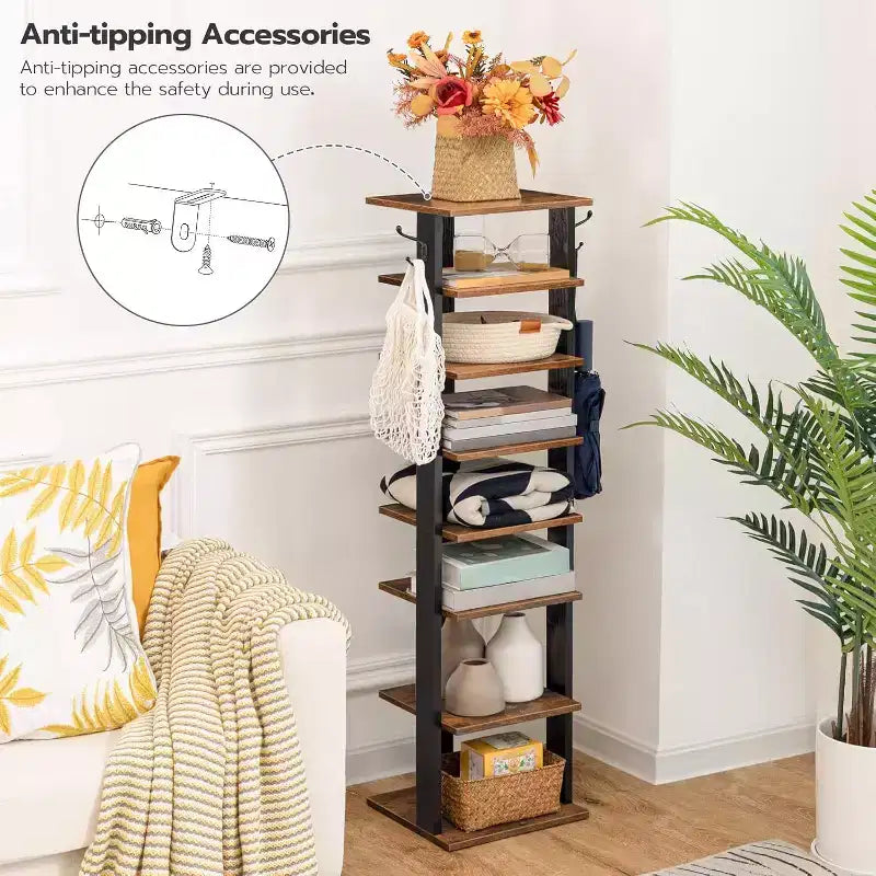 ACOINEL 8 Tiers Vertical Shoe Rack, Narrow Wooden Shoe Storage Organizer with Hooks, Space-Saving Shoe Tower Holds 8 Pairs