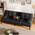 Celebalcony Futon Sofa Bed, Leather Foldable Couch,with Removable Armrests, Upholstered Loveseat Sofa with Folding Cup Holders for Home, Office, Black