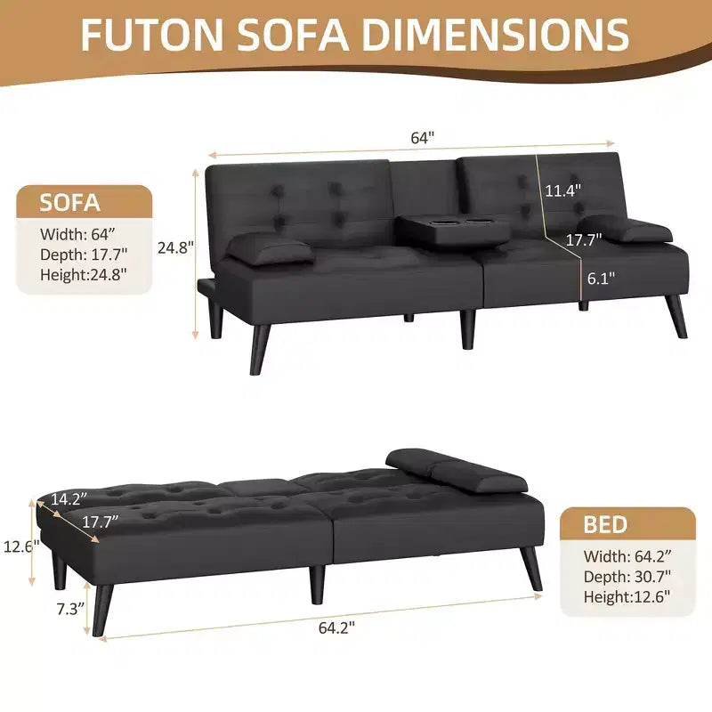 Canapé convertible Celebalcony, canapé pliable en cuir, avec accoudoirs amovibles, causeuse rembourrée avec porte-gobelets pliants pour la maison, le bureau, noir
