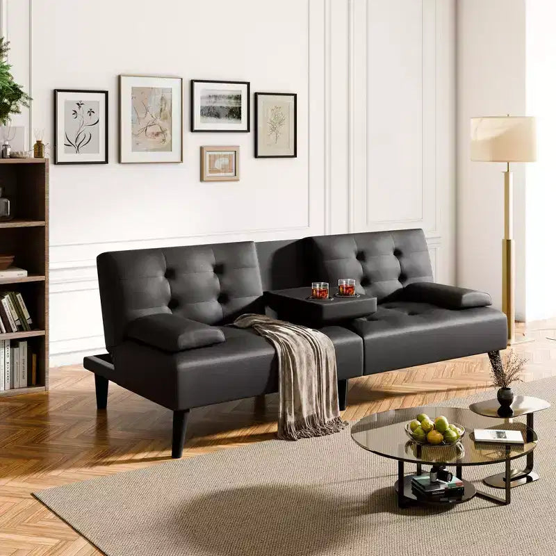 Canapé convertible Celebalcony, canapé pliable en cuir, avec accoudoirs amovibles, causeuse rembourrée avec porte-gobelets pliants pour la maison, le bureau, noir