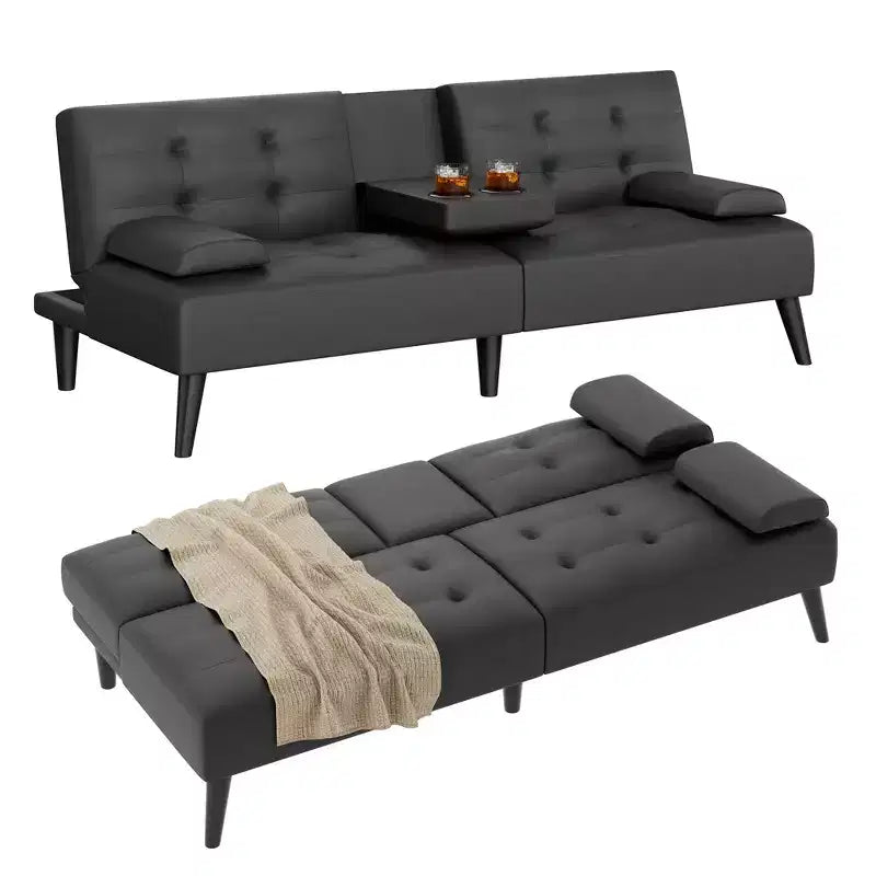 Canapé convertible Celebalcony, canapé pliable en cuir, avec accoudoirs amovibles, causeuse rembourrée avec porte-gobelets pliants pour la maison, le bureau, noir