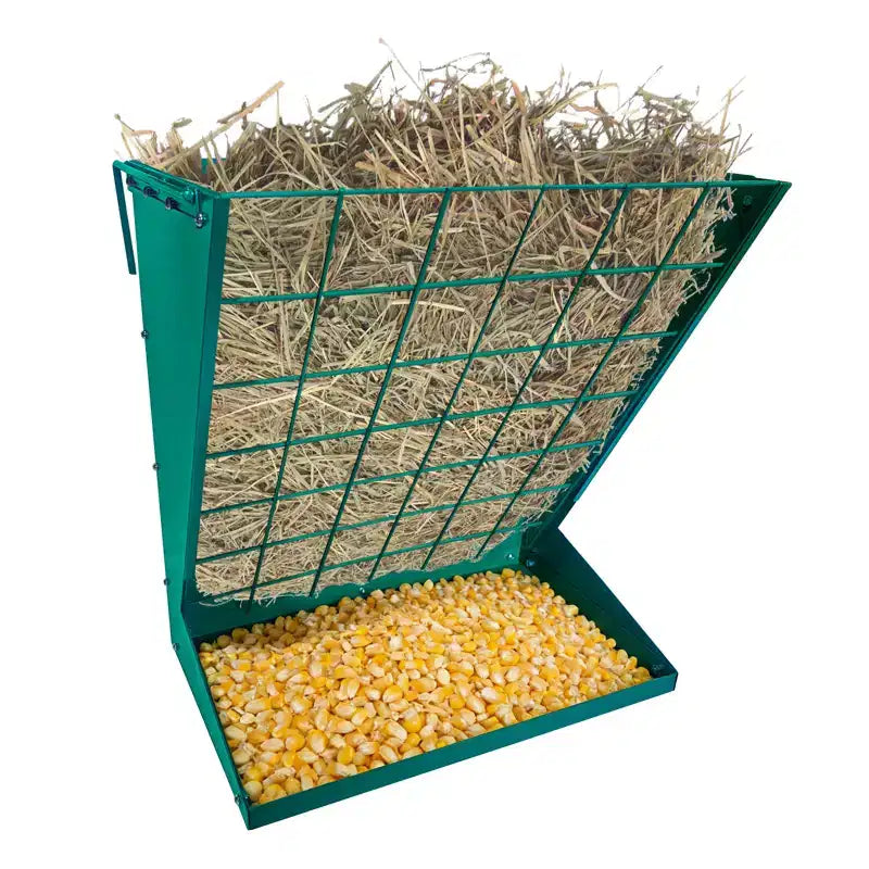 Wall Mount Hay Feeder, 2 in 1 Hay & Grain Livestock Feeder, Heavy Duty Metal Wall Mount Hay Rack with Adjustable Distance for Goats, Sheep, Horse