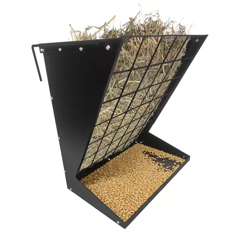 Wall Mount Hay Feeder, 2 in 1 Hay & Grain Livestock Feeder, Heavy Duty Metal Wall Mount Hay Rack with Adjustable Distance for Goats, Sheep, Horse