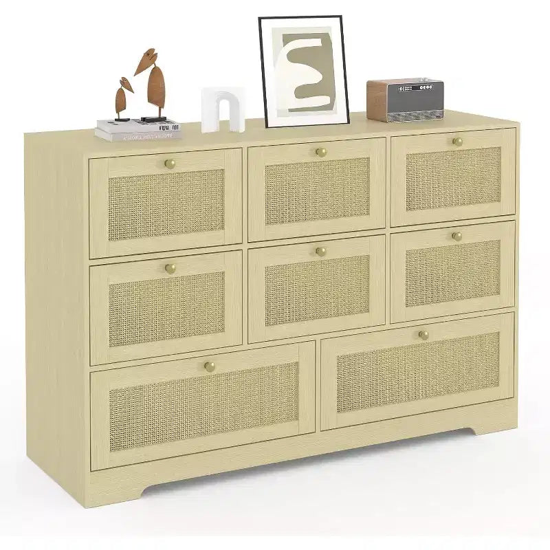 8 Drawer Dresser, Rattan Storage Cabinet, Chest of Drawers for Bedroom, Living Room, Entryway, Organizer Unit with Natural Woven Drawer Fronts