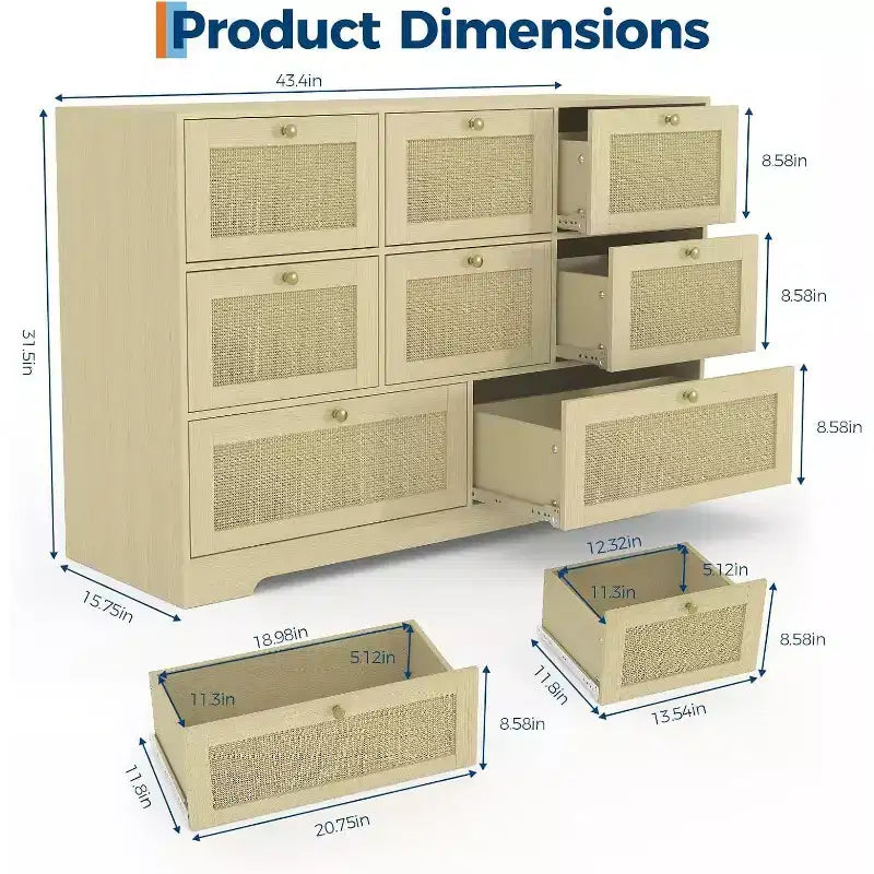 Commode à 8 tiroirs, armoire de rangement en rotin, commode pour chambre à coucher, salon, entrée, meuble de rangement avec façades de tiroirs en rotin naturel