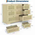 Commode à 8 tiroirs, armoire de rangement en rotin, commode pour chambre à coucher, salon, entrée, meuble de rangement avec façades de tiroirs en rotin naturel