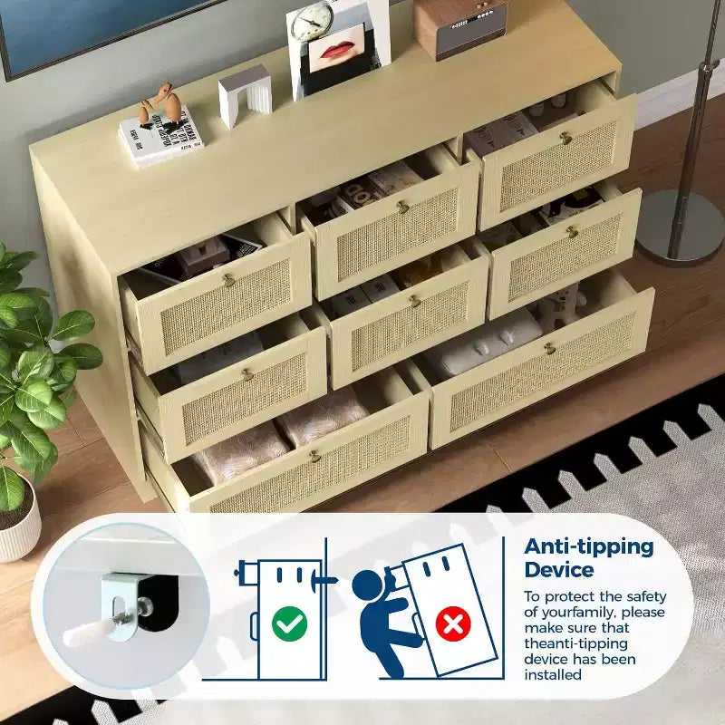 Commode à 8 tiroirs, armoire de rangement en rotin, commode pour chambre à coucher, salon, entrée, meuble de rangement avec façades de tiroirs en rotin naturel