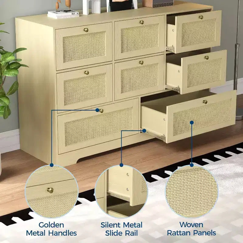 Commode à 8 tiroirs, armoire de rangement en rotin, commode pour chambre à coucher, salon, entrée, meuble de rangement avec façades de tiroirs en rotin naturel