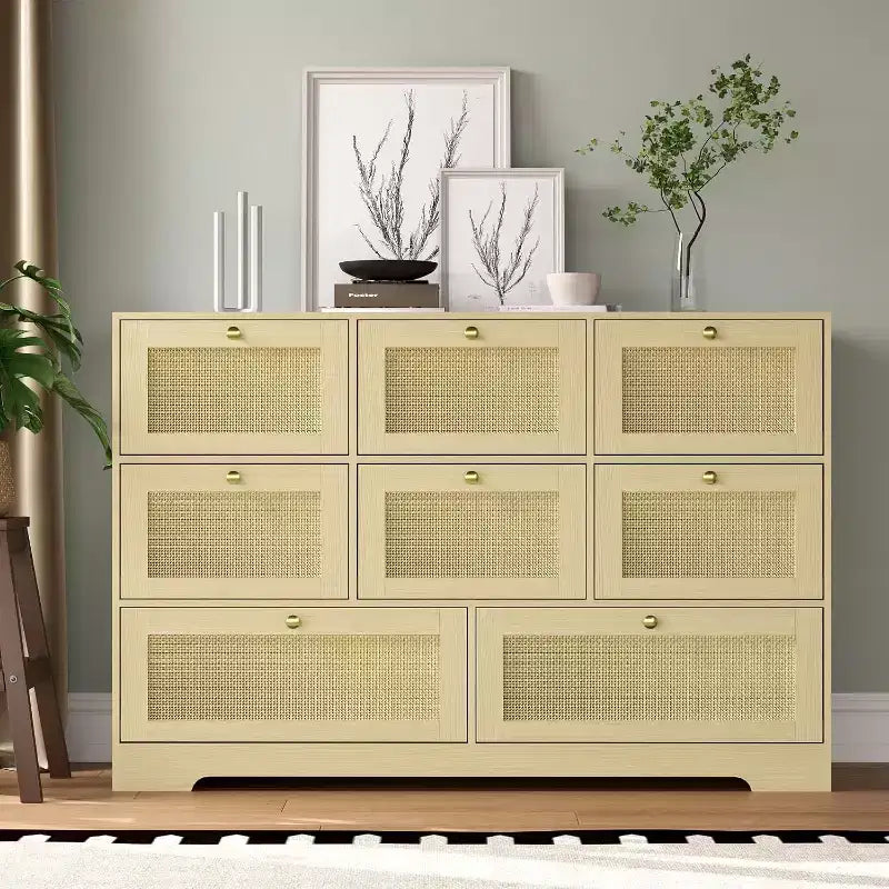 Commode à 8 tiroirs, armoire de rangement en rotin, commode pour chambre à coucher, salon, entrée, meuble de rangement avec façades de tiroirs en rotin naturel
