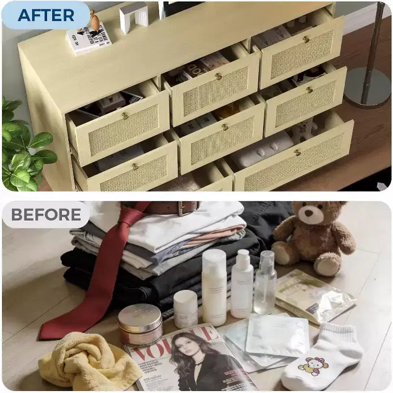 Commode à 8 tiroirs, armoire de rangement en rotin, commode pour chambre à coucher, salon, entrée, meuble de rangement avec façades de tiroirs en rotin naturel