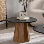 Round Coffee Table with Real Bark Pattern Veneer and Sturdy Pedestal Base