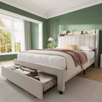 Upholstered Platform Bed Frame with Storage Headboard Drawers USB and AC Outlets Noise Free No Box Spring Needed