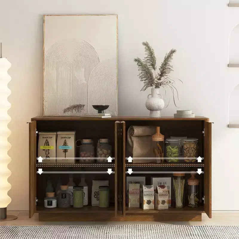 JVNOXK Buffet de rangement moderne en bois avec design encastré, étagères réglables et quatre compartiments intégrés. Bois naturel