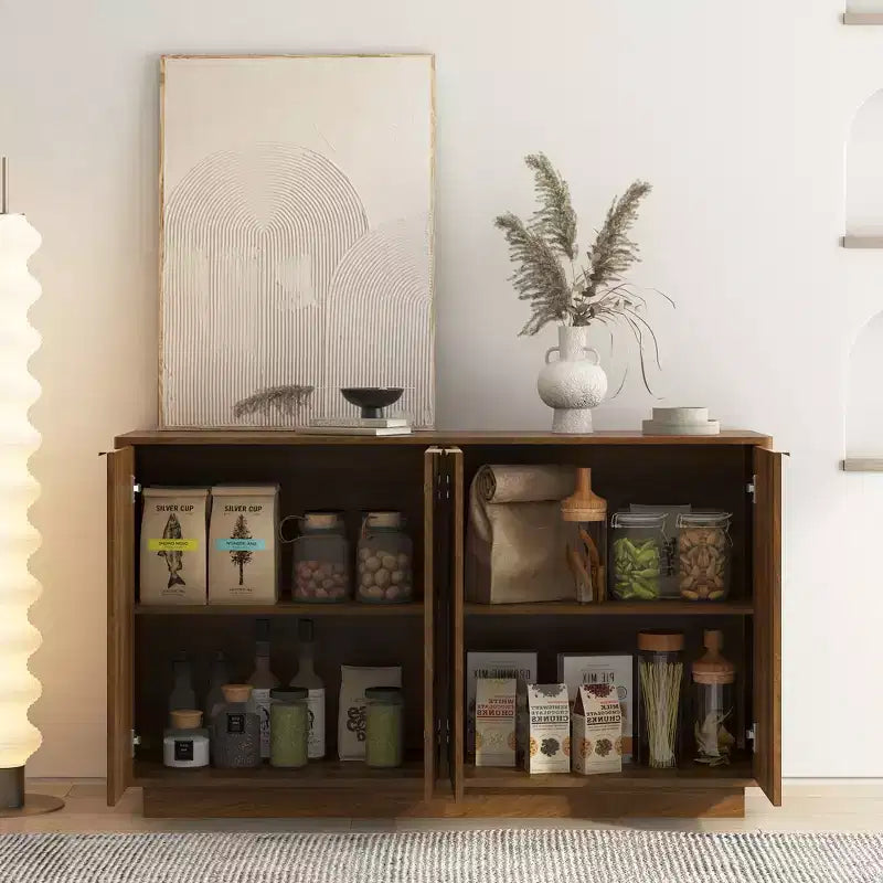 JVNOXK Buffet de rangement moderne en bois avec design encastré, étagères réglables et quatre compartiments intégrés. Bois naturel