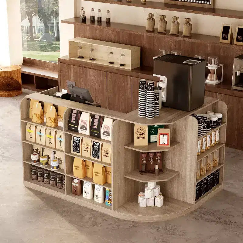 Hitow Light Wood Retail Cash Register & Reception Counter with Display Shelves