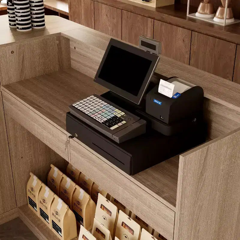 Hitow Light Wood Retail Cash Register & Reception Counter with Display Shelves