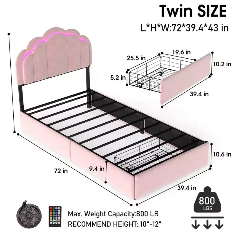 GDFStudio Nora Lit plateforme moderne pour enfant avec revêtement en velours et 2 tiroirs de rangement
