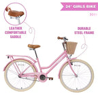 NAYSAYE Vélo de ville hybride pour filles de 24 pouces, pour les 7-10 ans et plus, avec panier en osier et porte-bagages arrière, vélos pour enfants