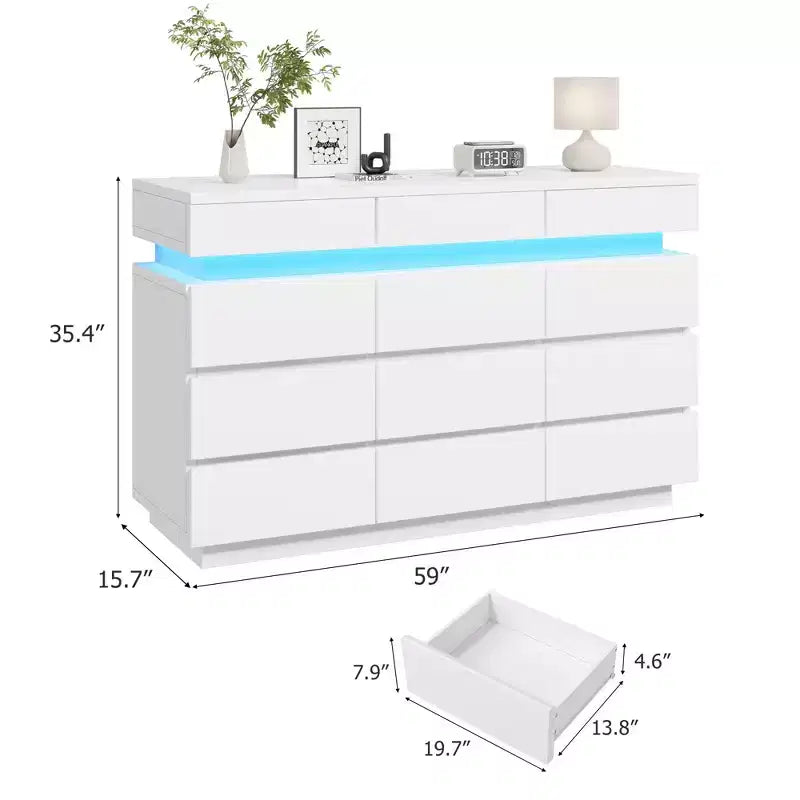 Modern Dresser for Bedroom, 59 Wooden Dresser with LED Lights, Modern Dressers & Chests of Drawers for Living Room Hallway Bedroom