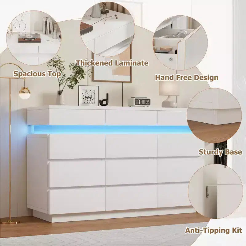 Modern Dresser for Bedroom, 59 Wooden Dresser with LED Lights, Modern Dressers & Chests of Drawers for Living Room Hallway Bedroom