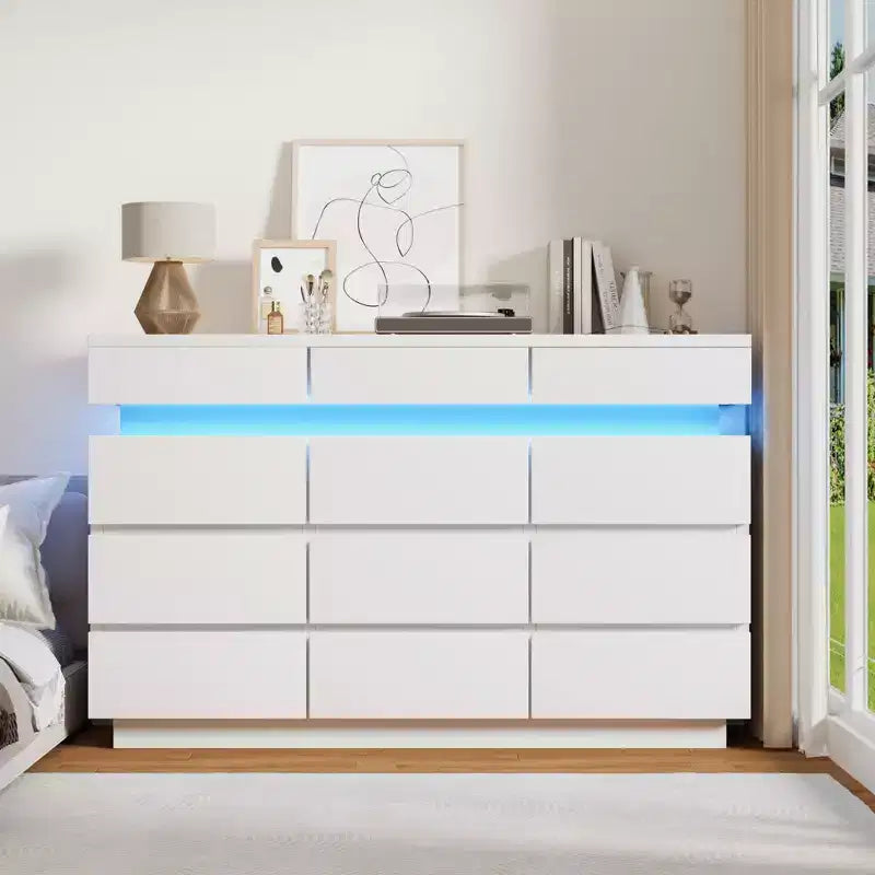 Modern Dresser for Bedroom, 59 Wooden Dresser with LED Lights, Modern Dressers & Chests of Drawers for Living Room Hallway Bedroom