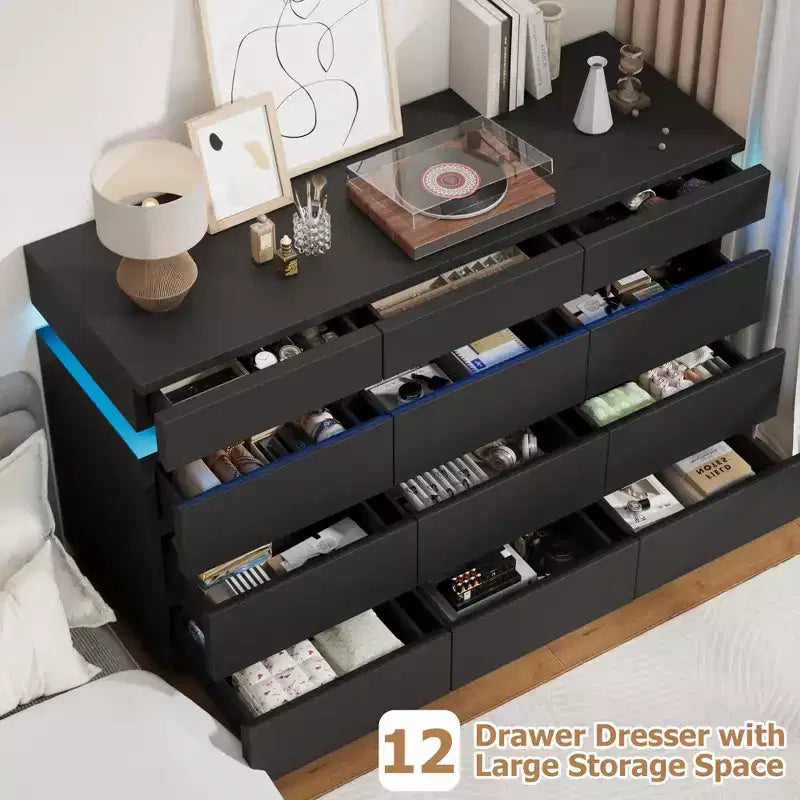 Modern Dresser for Bedroom, 59 Wooden Dresser with LED Lights, Modern Dressers & Chests of Drawers for Living Room Hallway Bedroom