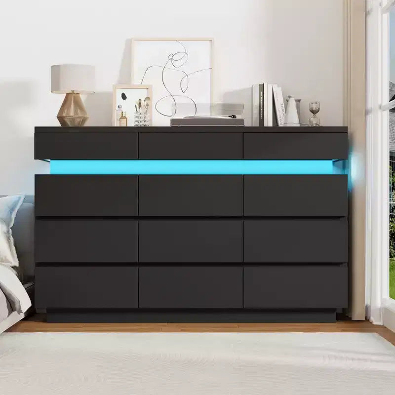 Modern Dresser for Bedroom, 59 Wooden Dresser with LED Lights, Modern Dressers & Chests of Drawers for Living Room Hallway Bedroom