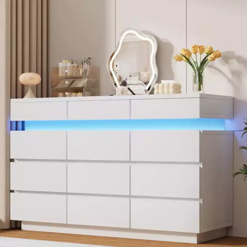 Modern Dresser for Bedroom, 59 Wooden Dresser with LED Lights, Modern Dressers & Chests of Drawers for Living Room Hallway Bedroom