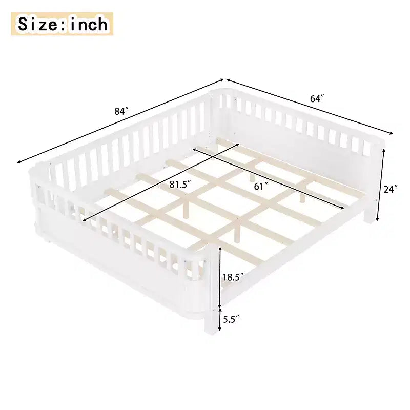 Lit plateforme Bellemave pour enfants avec barrières de sécurité et clôture amovible, lit en bois à profil bas pour garçons et filles
