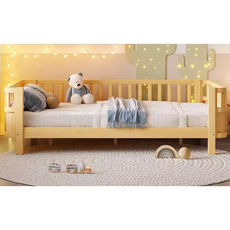 Lit plateforme Bellemave pour enfants avec barrières de sécurité et clôture amovible, lit en bois à profil bas pour garçons et filles